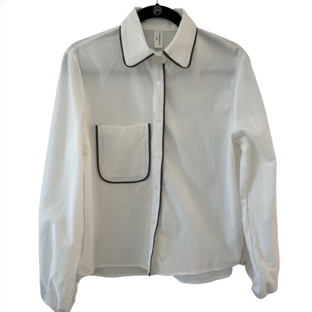 Commense Women XS White Cotton Linen Button Up Blouse Black Contrast Piping Trim